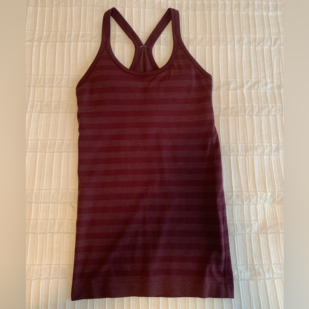 Lululemon Women's Burgundy Striped Tank Top with Built In Bra and Padding